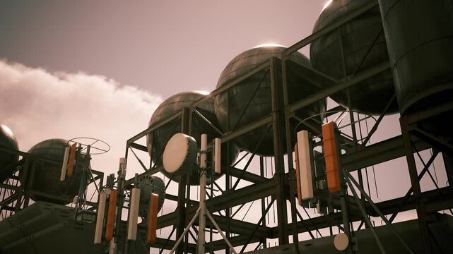 Large cylindrical tanks and communication antennas are positioned on a metal framework under a cloudy sky. The setting suggests an industrial location with advanced technology.