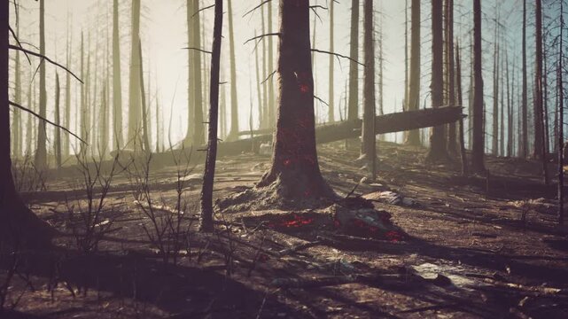 Blackened trees and scorched earth reveal the aftermath of a forest fire. Remnants of plant life and fallen logs create a somber view of natures destruction.