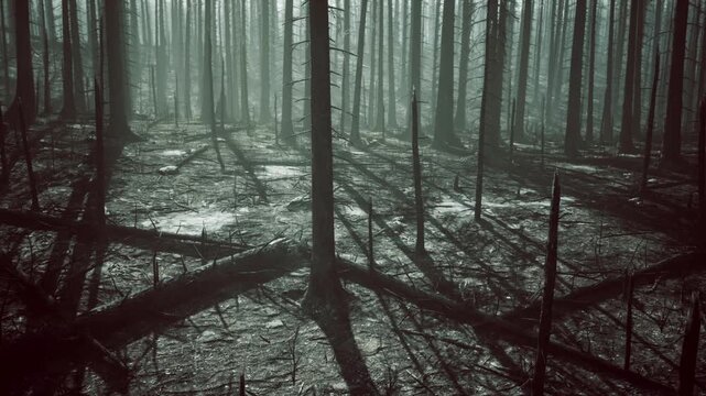 The stark remains of a burnt forest display blackened trees and eerie shadows. The air is thick with the haunting silence of nature destruction after a recent wildfire.