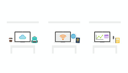 Fototapeta premium Three separate home office workstations featuring desktop computers with icons for cloud computing, internet connection, and business analytics.