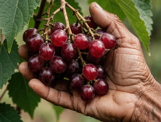 Fototapeta premium Hand holds ripe bunch of dark red Amazon tree grapes. Leaves and branches show origin in tropical South America. Fresh fruit is ready for harvest.