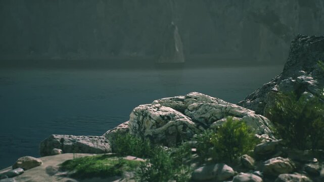 A rocky shoreline with lush greenery alongside peaceful water creates a serene atmosphere. The soft light highlights the textures of the rocks and foliage.