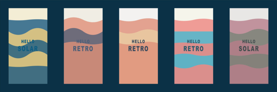Set of five retro style vertical banners featuring wavy layers of pastel colors and typography vertical typography template abstract aesthetic illustration landscape creative