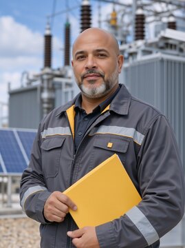 Vertical portrait of a male industrial engineer holding a yellow folder. Professional man worker in grey uniform at a solar power substation facility