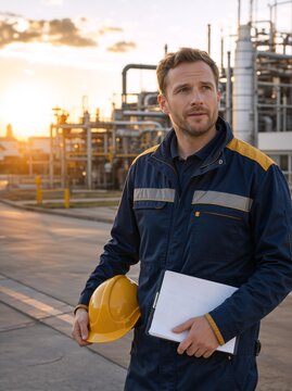 Vertical portrait of male industrial worker holding yellow hard hat and clipboard. Engineer standing at refinery during sunset. Industrial safety concept
