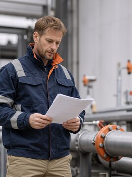 Male engineer reading document at industrial plant. Professional technician inspecting pipes at refinery