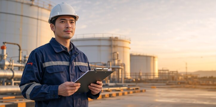 Asian male engineer in hard hat holding clipboard at oil refinery. Professional worker at industrial storage facility during sunset