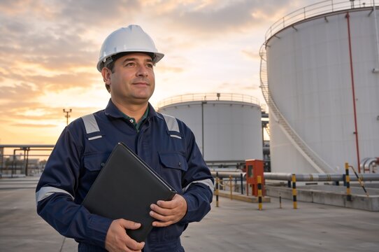 Male engineer in hard hat holding folder at industrial plant. Professional worker at oil refinery storage facility during sunset