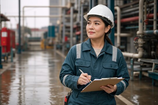 Female Asian engineer holding clipboard at industrial plant. Professional woman inspector in hard hat and uniform at refinery