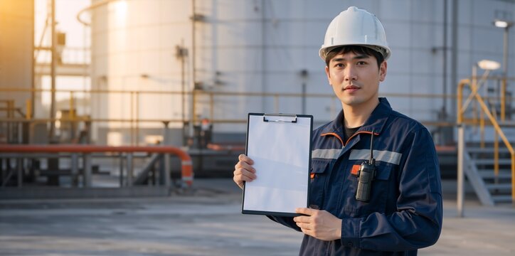 Male Asian engineer holding blank clipboard at industrial plant. Professional worker in hard hat and uniform with copy space