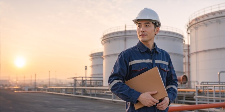 Male Asian engineer holding folder at industrial refinery. Professional worker in hard hat and uniform at sunset