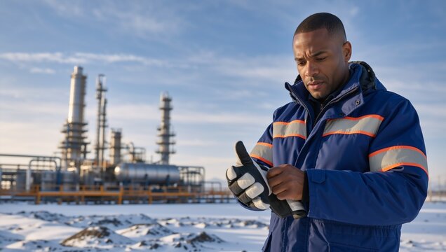 Black male industrial worker putting on safety gloves at a refinery in winter. Engineer in reflective jacket at oil plant