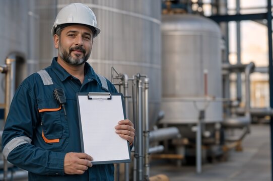 Smiling male industrial worker holding a blank clipboard at a chemical plant. Engineer in white hard hat and blue uniform with copy space