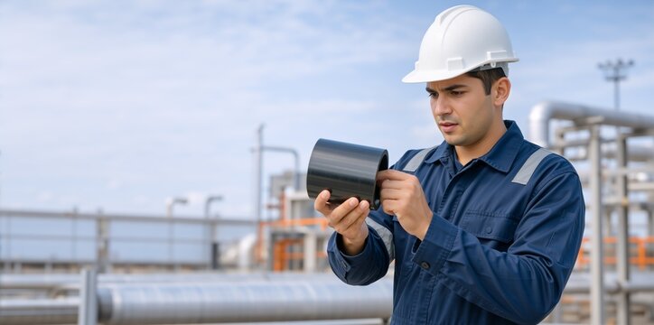 Male engineer inspecting pipe fitting at industrial plant. Professional worker in hard hat and uniform checking equipment