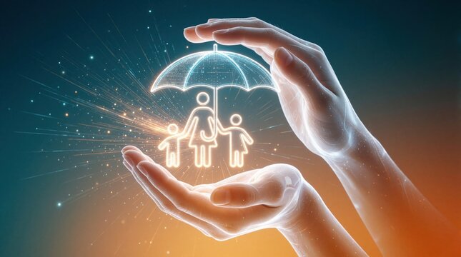 Glowing hands cradle family under protective umbrella icon. Digital concept for insurance safety security and future planning. Protection from risk and care.