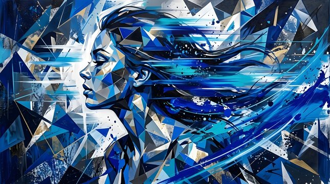 Profile portrait of a woman merged with abstract geometric shards and flowing blue paint strokes captured in a vibrant digital art style with deep contrast