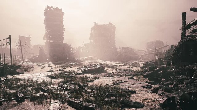 Ruins of a city lay scattered under a hazy sky, with crumbling buildings and debris covering the ground. Overgrown plants punctuate the remnants of civilization, revealing deep devastation.