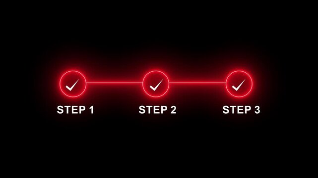 Animated neon glowing process timeline infographic featuring three sequential steps with checkmark for business workflow, project management, task completion, and digital progress tracking