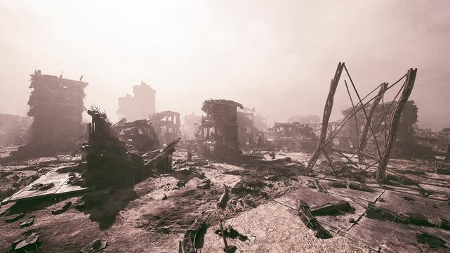 Ruins of buildings lie scattered across a barren landscape, representing the aftermath of a catastrophe. Dust fills the air, casting a somber atmosphere over the desolated surroundings.