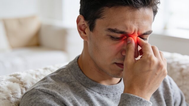 Man Suffering from Sinus Pain or Headache Red Area Indicating Discomfort
