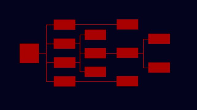 Dynamic red organizational flowchart animation featuring expanding hierarchical tree structures and connected data nodes for corporate business presentations, strategic planning, and system