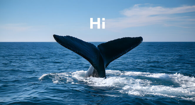 Whale's tail greeting in the ocean water with hi text