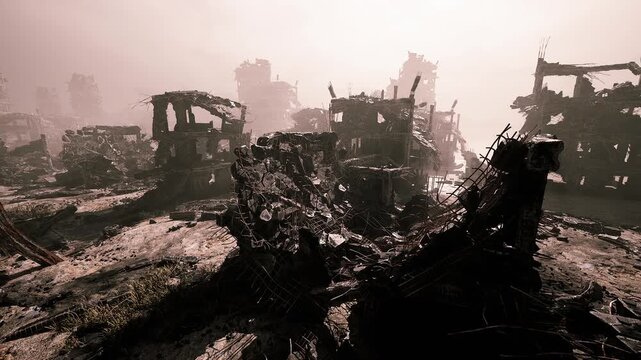 Amidst the eerie stillness, crumbling structures scattered across a barren landscape depict the aftermath of a catastrophe. The hazy atmosphere amplifies the sense of abandonment and decay.