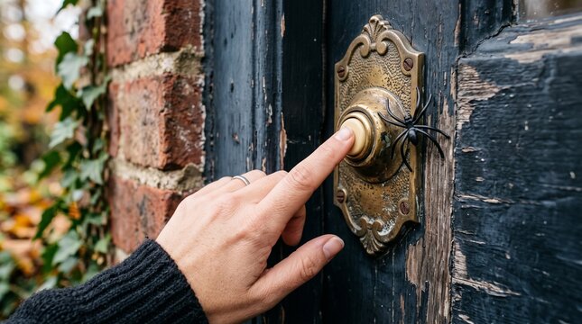Finger presses doorbell with spider decoration on old wooden door and brick wall background