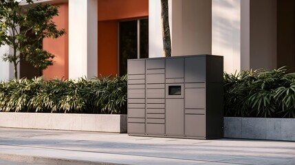 Fototapeta premium Modern outdoor parcel locker unit with multiple compartments set against a building with orange and white walls surrounded by greenery