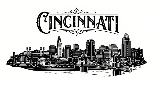 Highly detailed Cincinnati, Ohio skyline silhouette featuring Carew Tower, Great American Tower, historic Union Terminal, Roebling Suspension Bridge, riverfront stadiums and elegant CINCINNATI