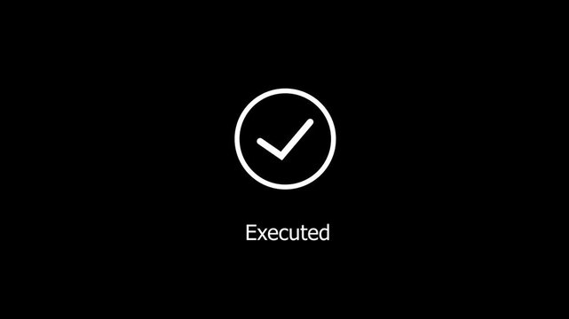 Minimalist animated checkmark with executed text label on black background, for business interface, digital task completion, successful workflow, and, modern ui/ux