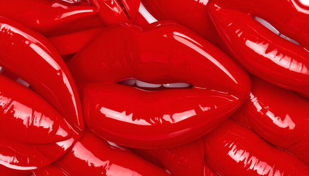 Red lips pattern featuring glossy lipstick texture on a bright background for fashion beauty and cosmetic advertising creative projects