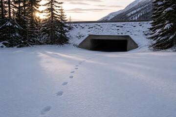 Naklejka premium Wildlife Crossing Monitoring Winter Tracks Mountain Underpass