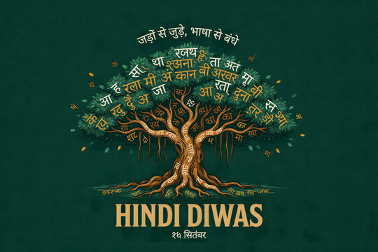 Hindi diwas showing a banyan tree with hindi alphabet letters integrated into the branches on a dark green background