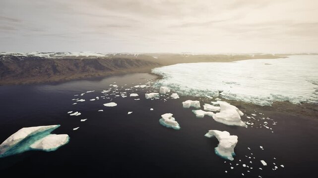 A stunning view of icebergs floating in dark waters near the Greenland coastline, showcasing the unique glacial landscape and dramatic terrain under a soft sky.