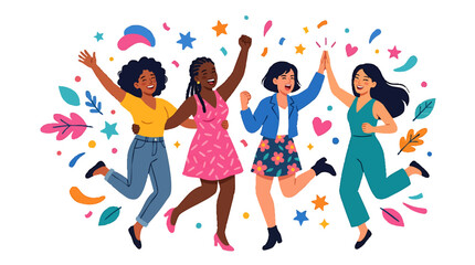 Fototapeta premium Diverse group of four women celebrating together with confetti and colorful decorations isolated on white background