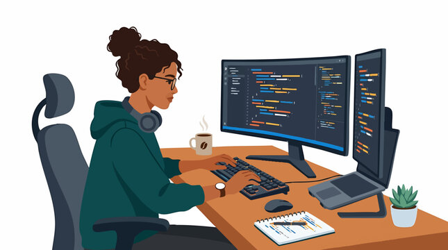 Woman programmer working on computer with multiple monitors displaying code and drinking coffee isolated on white background