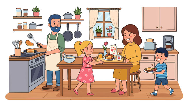 Family enjoys a homemade pancake breakfast together in a cozy kitchen scene isolated on white background