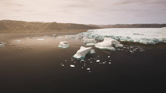 Large icebergs drift peacefully in the calm waters of Greenland, surrounded by stunning natural scenery under a soft overcast sky, capturing the beauty of the Arctic environment.
