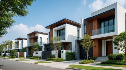 Fototapeta premium Row of modern luxury houses with contemporary architecture in upscale residential neighborhood. White minimalist buildings feature large glass windows, wooden accents, balconies. Sunny summer day