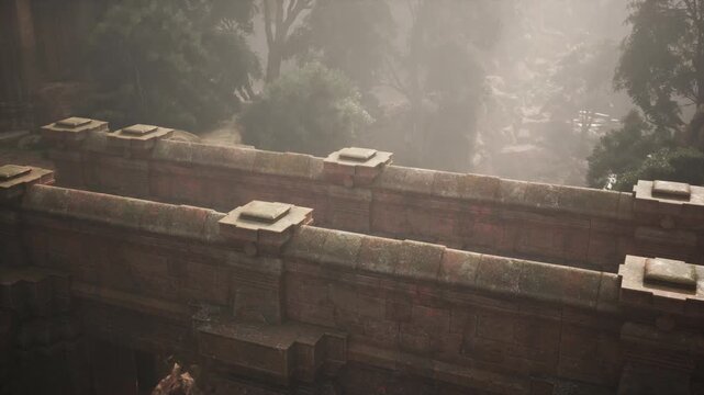 A view of a historic stone structure amidst dense foliage and mist. Sunlight filters through the trees, illuminating the intricacies of the aged architecture and the serene landscape.