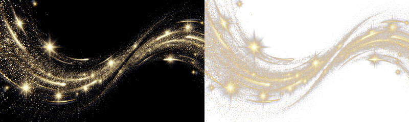 Abstract golden glitter wave with sparkling light rays and magic dust particles. High quality design element for celebrations, festive overlays and creative graphics, PNG , isolated on transparent © Kyrylo