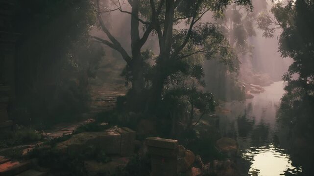 A calm forest emerges with dense trees and soft mist, revealing a gently flowing river. Sunlight filters through the foliage, creating a peaceful and enchanting atmosphere.