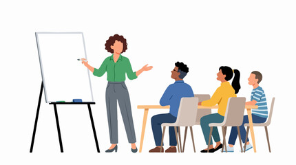 Obraz premium Diverse group of people attending a presentation or class led by a female instructor at a whiteboard isolated on white background