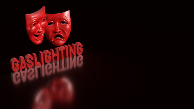 Red Theater Masks Symbolizing Gaslighting and Emotional Manipulation 3d render.