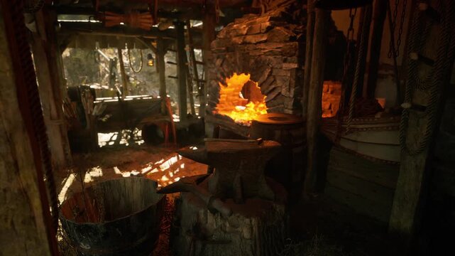 Inside an old forge, the warm glow of the fire illuminates the rustic tools and surfaces. Shadows dance across the wooden beams and stone walls, creating an inviting atmosphere for craftsmanship.