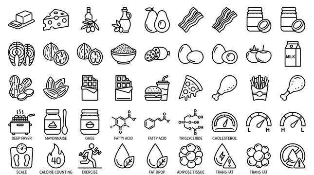 Keto diet icons set, high fat food line art vectors, ketogenic nutrition and healthy lifestyle symbols for meal planning