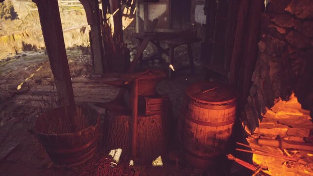 A secluded blacksmith workshop displays a glowing fire and well used tools. The atmosphere is rustic, featuring wooden barrels and an anvil under warm light, suggesting craftsmanship.