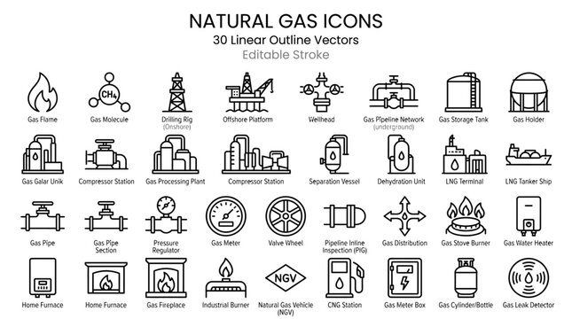 Natural gas icons, 30 linear outline vectors for energy industry. Industrial gas production and pipeline symbols. Fuel and heating equipment set.