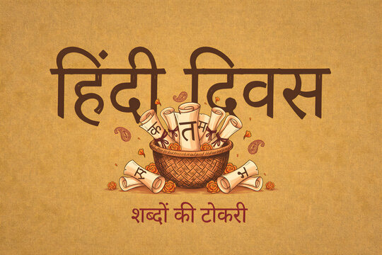 Hindi diwas artistic composition with a woven basket of scrolls and devanagari characters on a warm brown textured background, for literature